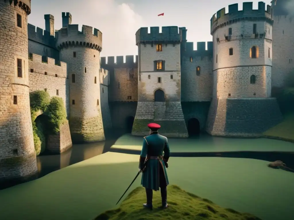 Infiltración de espías en castillo medieval: intriga nocturna Espías internos en un castillo medieval con túnel secreto, guardias y luna