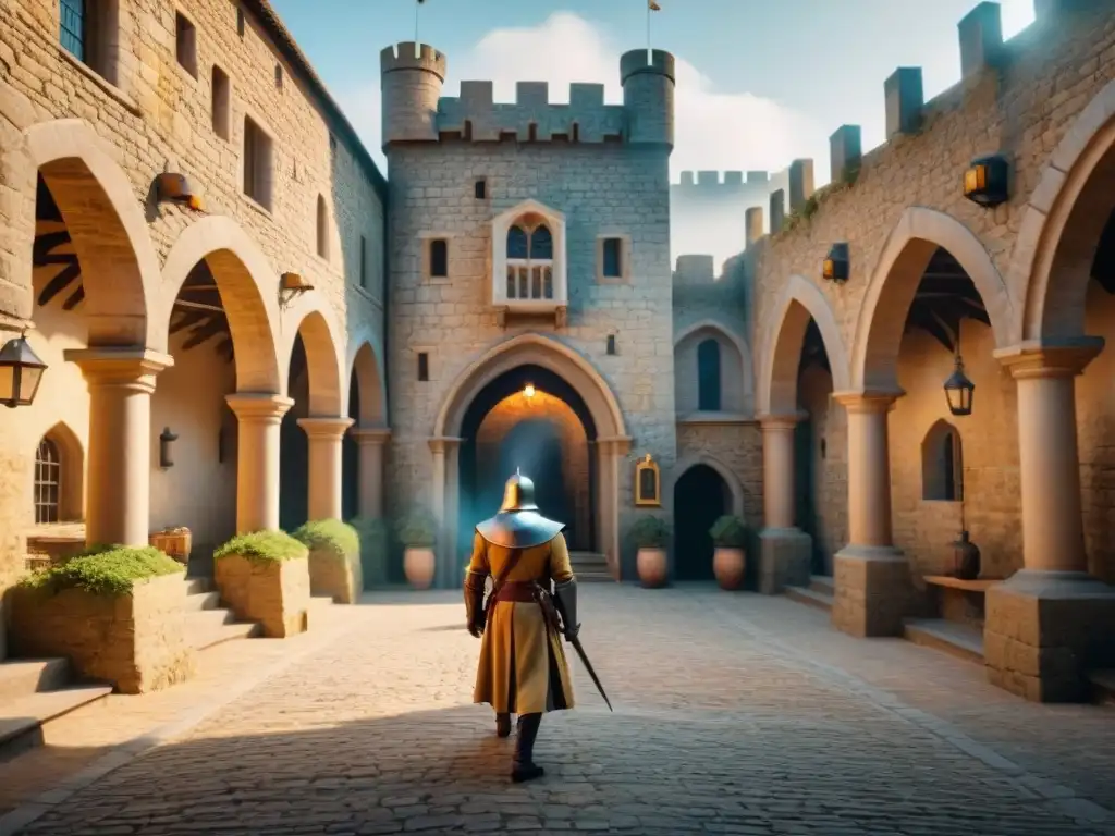 Intrigante escena de espionaje en el castillo medieval Espionaje en castillos históricos: Patio del castillo medieval con espías intercambiando mensajes secretos, guardias patrullando y un túnel oculto