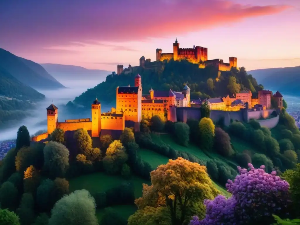 Castillo de Heidelberg al atardecer: belleza etérea en alta resolución Espíritu eterno del Castillo Heidelberg bajo un atardecer místico y dramático