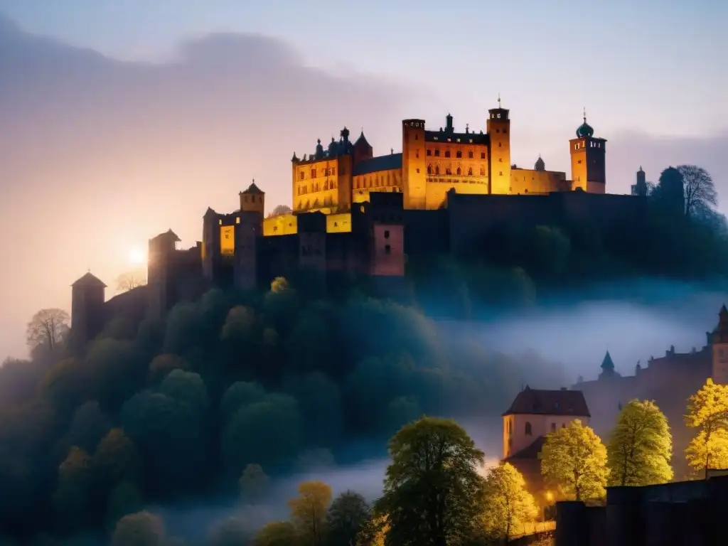Misteriosa silueta de Castillo de Heidelberg bajo la luna El espíritu eterno del Castillo de Heidelberg se manifiesta en la silueta iluminada por la luna y la niebla mística que rodea sus antiguas piedras