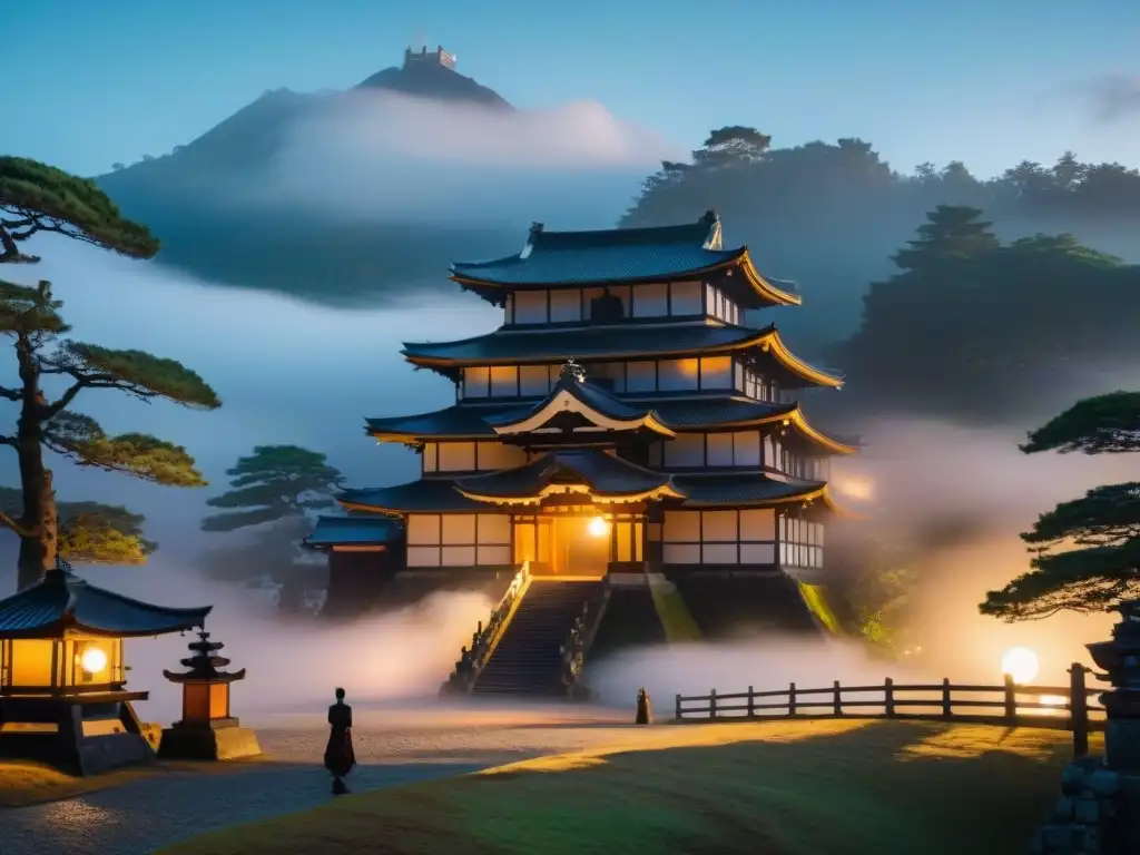 Castillo japonés en la niebla: samuráis y espíritus en la noche Espíritus vengativos en castillos japoneses: samuráis y figuras fantasmales crean atmósfera misteriosa bajo la luz de la luna