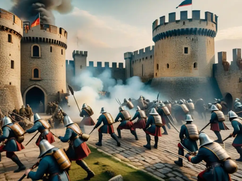 Defensa de castillos ante la Peste Negra: estrategias y desafíos Estrategias defensa castillos peste negra: Castillo medieval bajo ataque con soldados y devastación de la peste negra