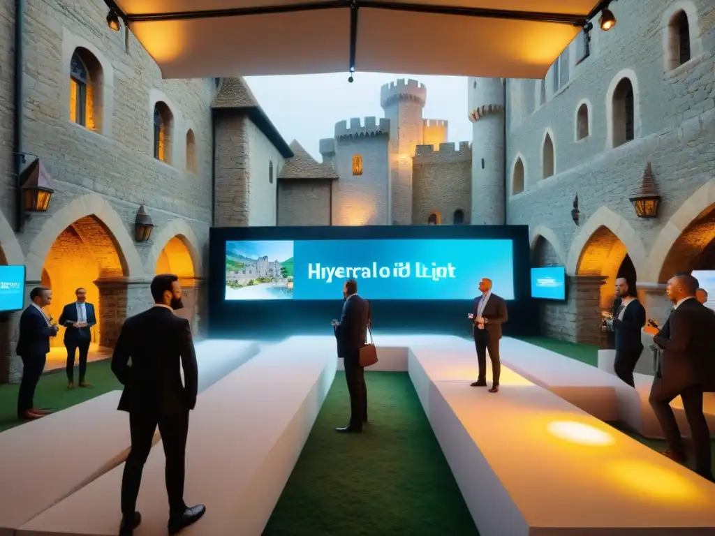 Castillo medieval se transforma en espacio corporativo de alta tecnología Un evento corporativo de alta tecnología en un castillo medieval, con innovadores espacios antiguos y modernos
