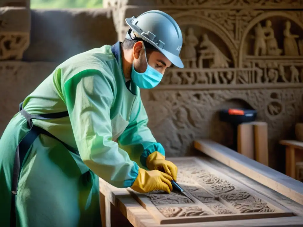 Expertos en conservación de castillos históricos restauran detalladas esculturas en un castillo antiguo