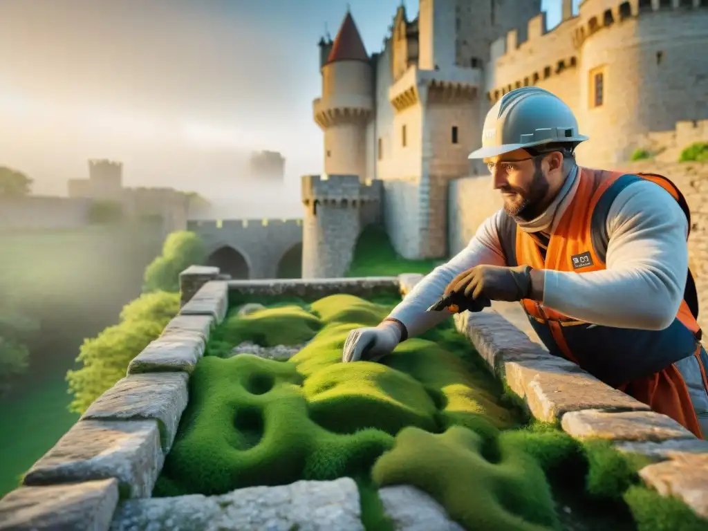 Restauración internacional de castillo medieval: expertos en acción Expertos en preservación de castillos colaborando en restauración internacional