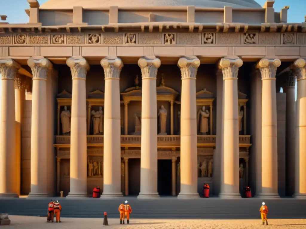Restauración experta de monumento histórico al atardecer Expertos en preservación monumentos históricos restauran con cuidado detalles de antigua estructura al atardecer