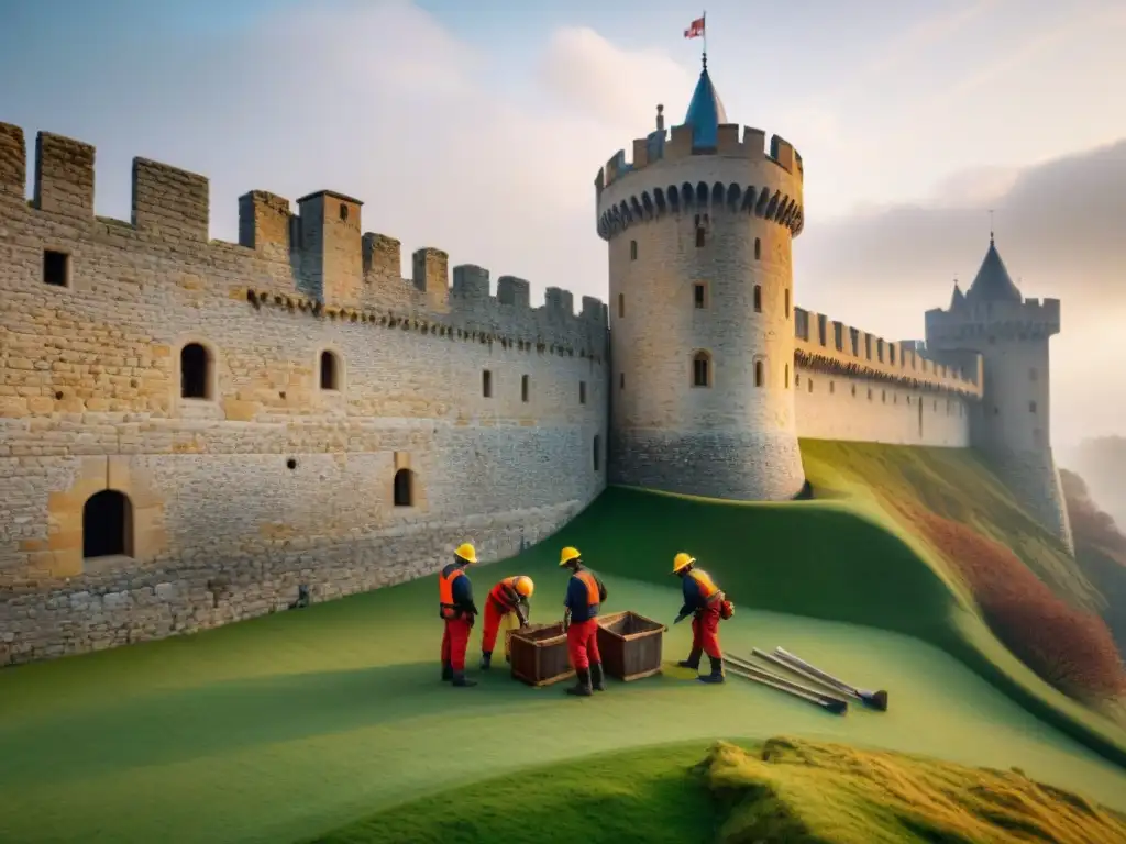 Restauradores de castillo: dedicación y experticia histórica Expertos restauran detalladamente muro de castillo antiguo