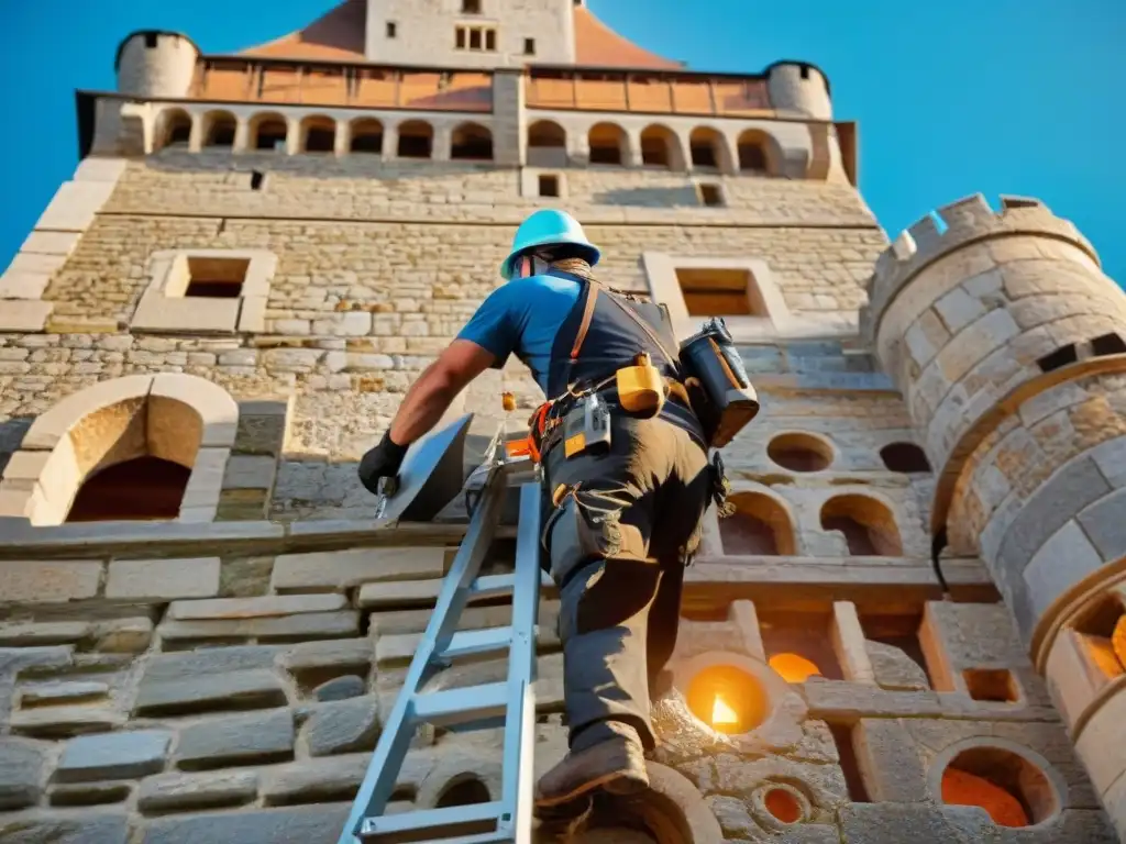 Restauradores expertos devolviendo vida a un castillo histórico Expertos restaurando una torre de castillo histórico bajo cielo azul