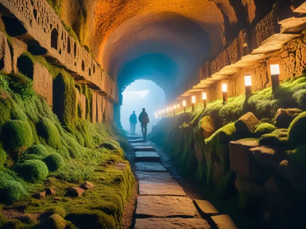 Descubre la misteriosa fortaleza subterránea con exploradores Exploradores en fortaleza subterránea iluminada por antorchas, revelando misteriosas historias
