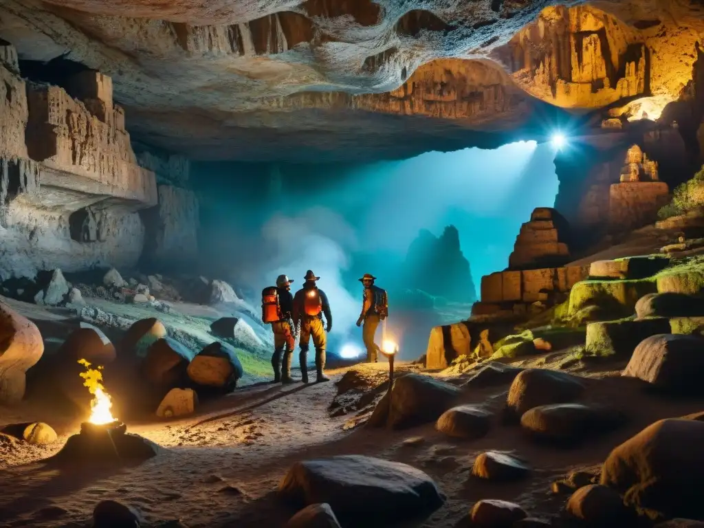 Exploradores en caverna misteriosa: una aventura subterránea Exploradores descubren fortalezas subterráneas misteriosas historia en caverna oscura