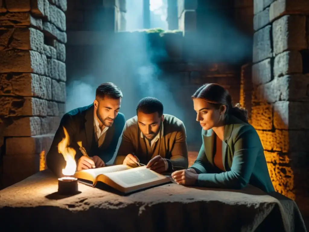 Exploración de manuscritos en ruinas del castillo Exploradores investigan manuscritos en ruinas de un castillo antiguo, con antorchas, en busca de misterios