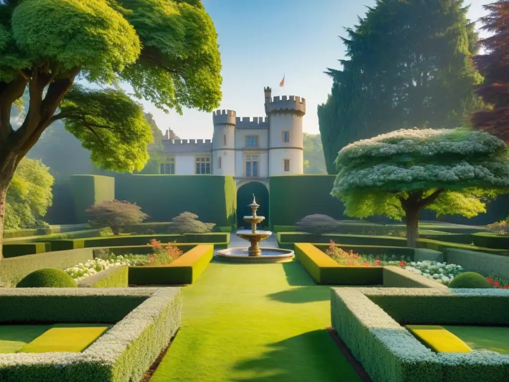 Jardín encantado de castillo: detalle y esplendor verde Un exquisito jardín en un castillo majestuoso