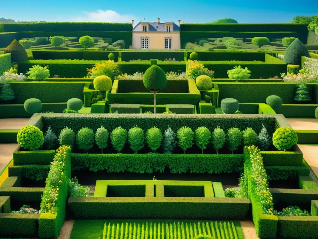 Jardines Topiarios del Château de Villandry: Arte y precisión en Francia Un exquisito paisaje de los majestuosos jardines de castillos en Château de Villandry, con diseños geométricos y florales vibrantes