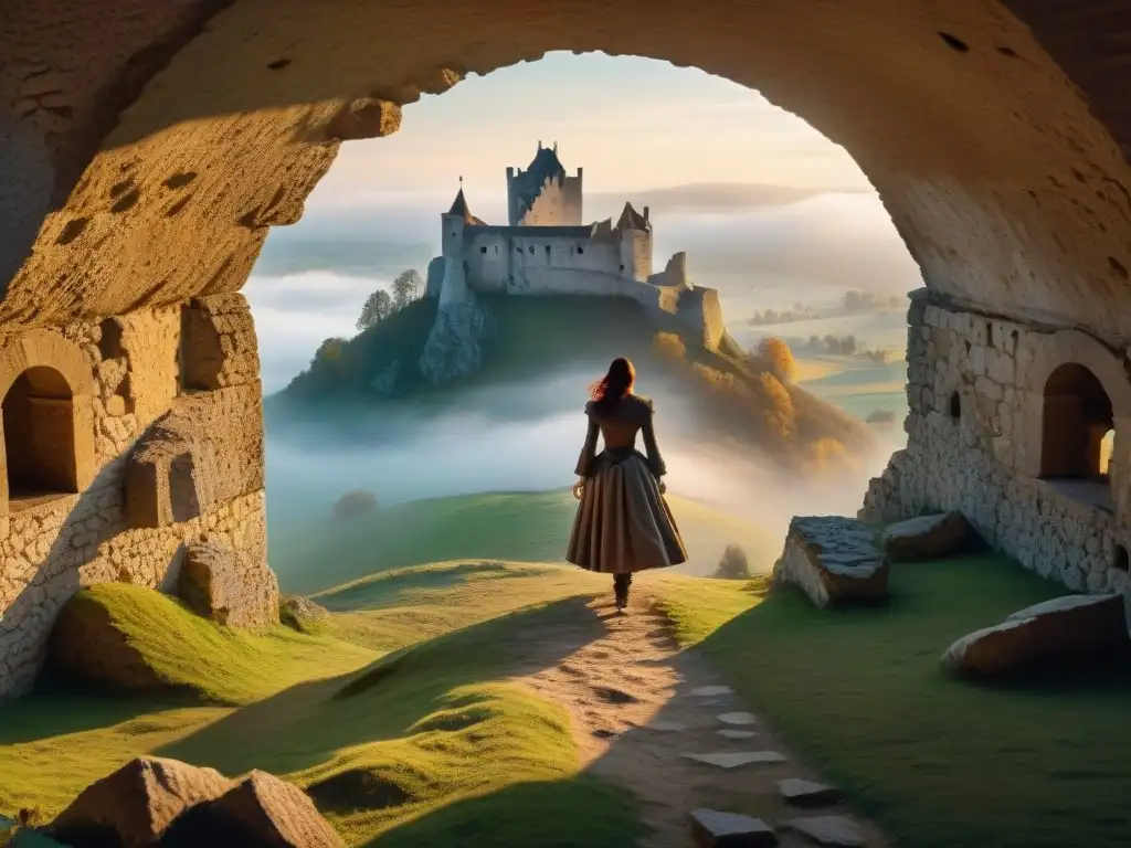 Fantasma en Castillo Čachtice: misteriosa figura femenina en la ventana, envuelta en la niebla del atardecer