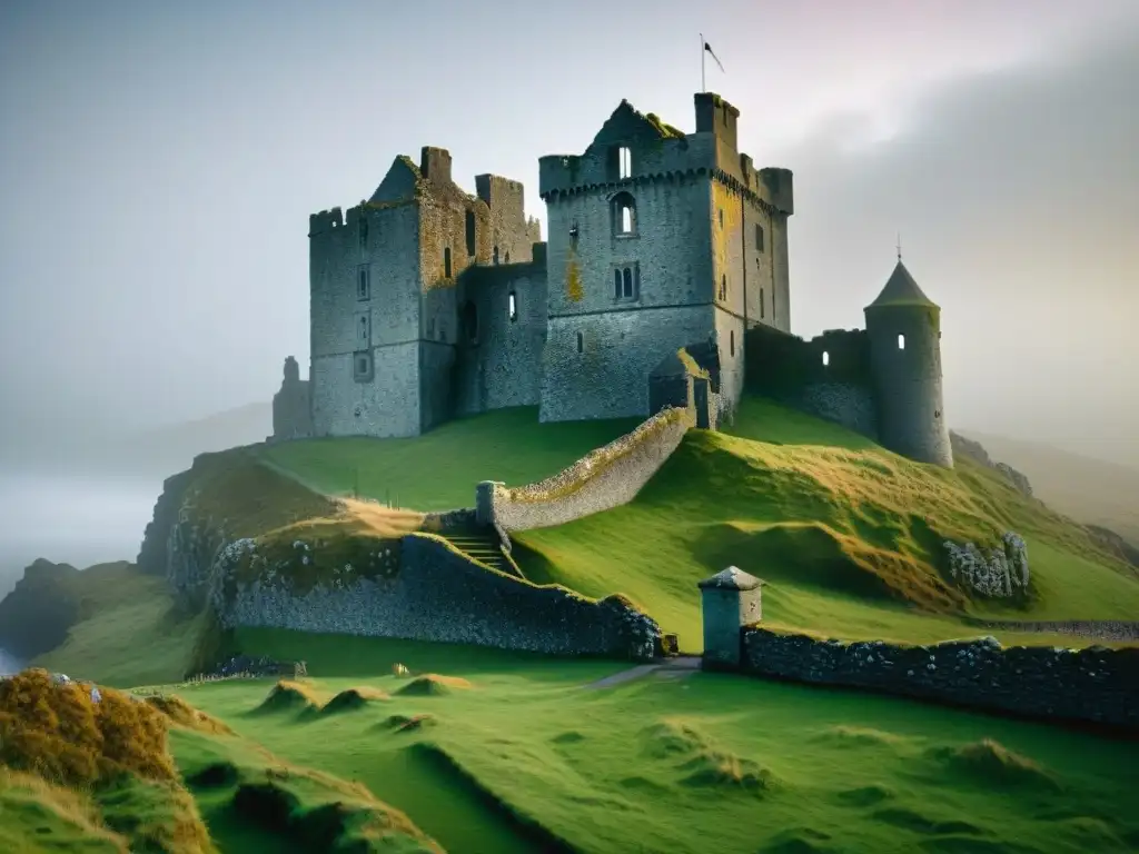 Castillo irlandés embrujado: misterio y fantasmas en la niebla Fantasmas en castillos de Irlanda: ruinas antiguas envueltas en niebla al anochecer, con apariciones espectrales