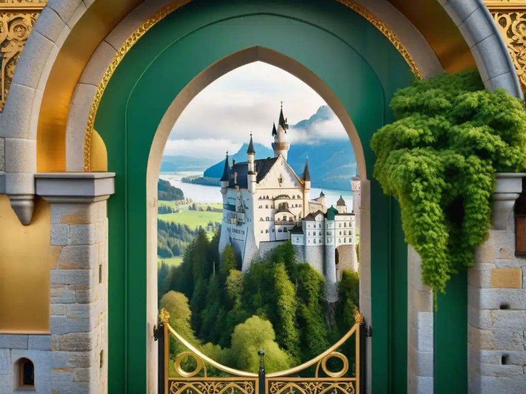 Detalles dorados: puertas majestuosas de Neuschwanstein Castle La fascinante ornamentación dorada de los portones del Castillo Neuschwanstein destaca el misterio y la grandeza arquitectónica
