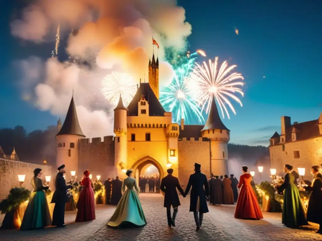 Castillo medieval iluminado en Nochevieja Festiva celebración de Año Nuevo en un castillo medieval iluminado, con huéspedes elegantes brindando y fuegos artificiales en el cielo nocturno