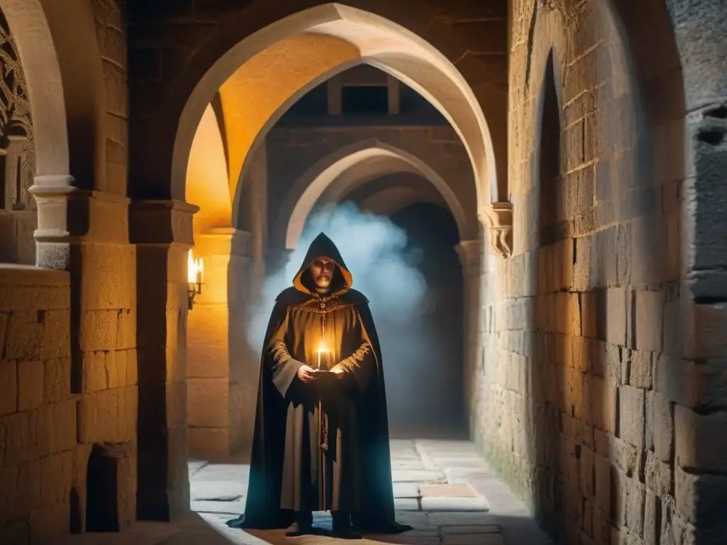Espionaje en castillo medieval: figura misteriosa en la penumbra Figura misteriosa con pergamino en pasillo de castillo medieval: espionaje en castillos históricos