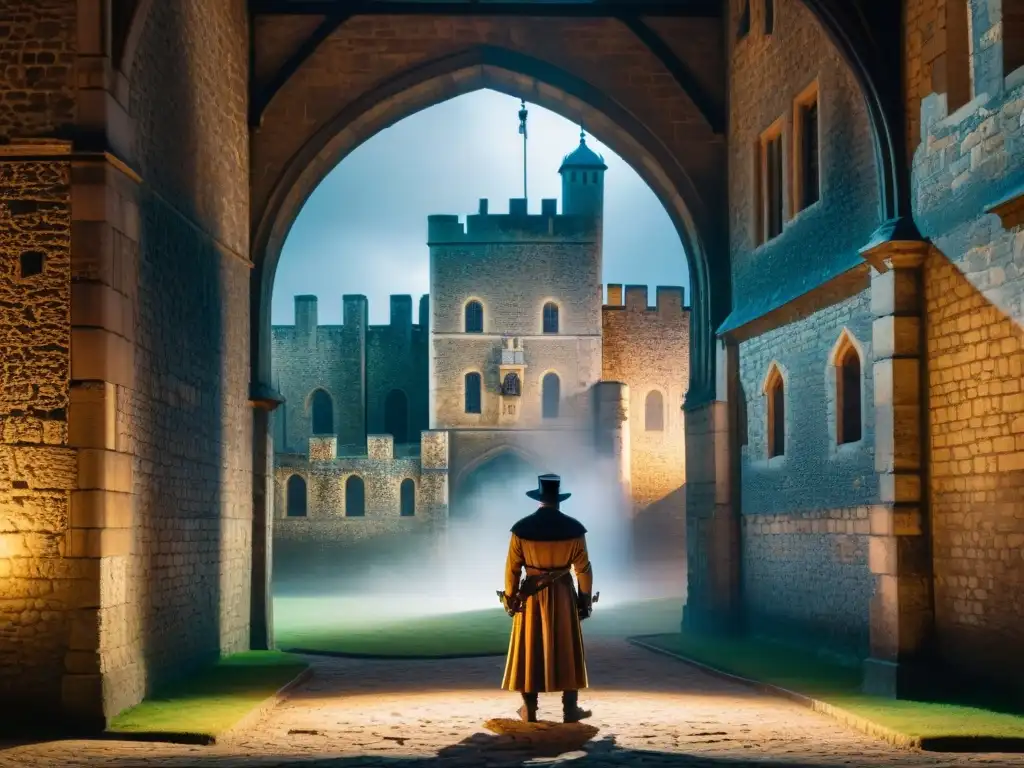 Sombra misteriosa en la Torre Sangrienta: presencia espectral Una figura misteriosa en la sombría Torre de Londres, envuelta en neblina, emite un resplandor fantasmal