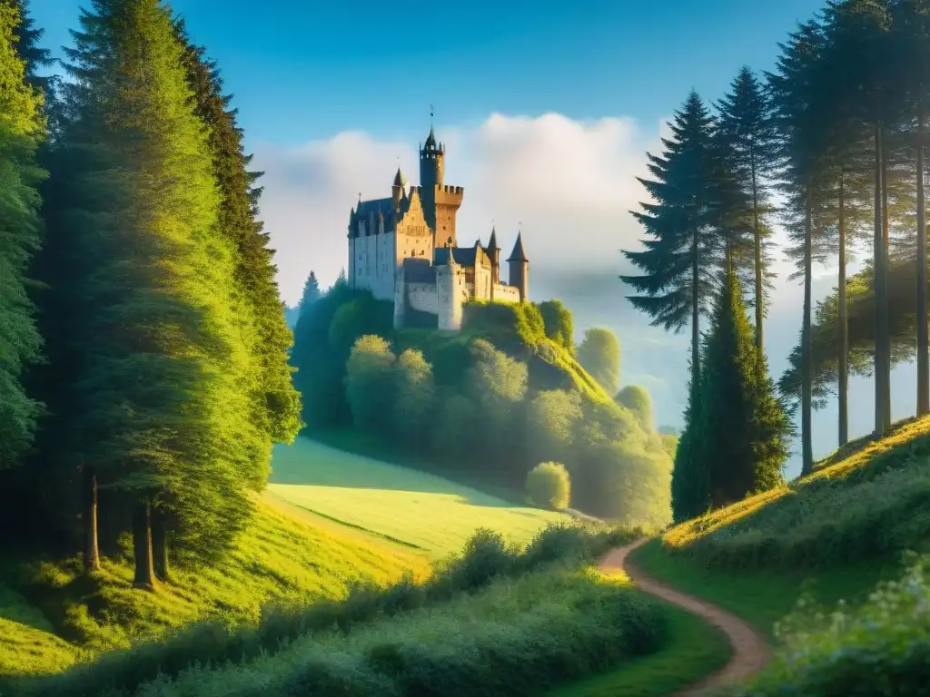 Castillo medieval: majestuosidad en la naturaleza Financiamiento para castillos históricos: majestuoso castillo medieval en colina verde, rodeado de bosque y cielo azul