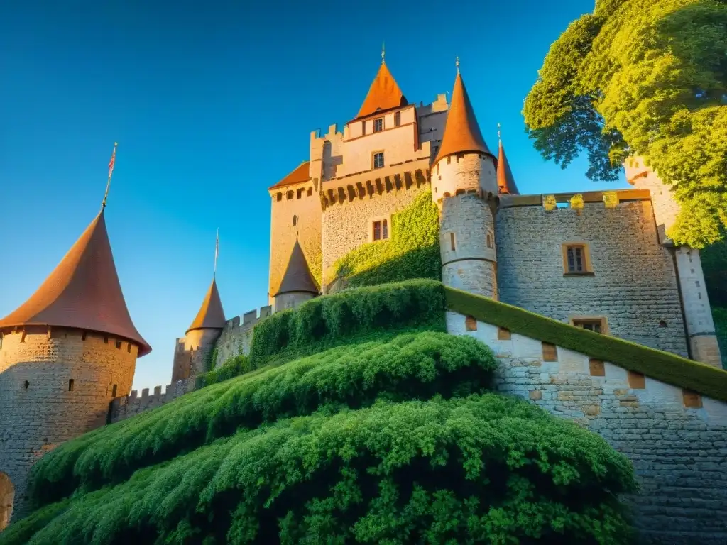 Majestuoso castillo histórico: detalle arquitectónico Financiamiento para castillos históricos: Majestuoso castillo histórico con detallada arquitectura bajo cielo azul