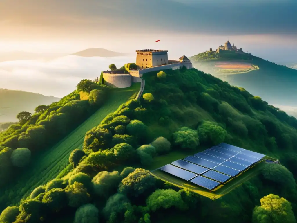 Fortaleza antigua con paneles solares: historia y sostenibilidad Fortaleza antigua con paneles solares integrados, simbolizando restauración sostenible en un entorno histórico