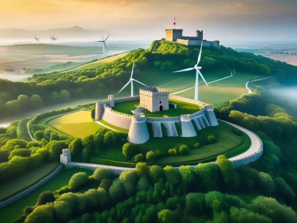 Fortaleza histórica: pasado y futuro en armonía Fortaleza histórica bañada en luz dorada con molinos de viento modernos, simbolizando la restauración sostenible energías renovables fortalezas