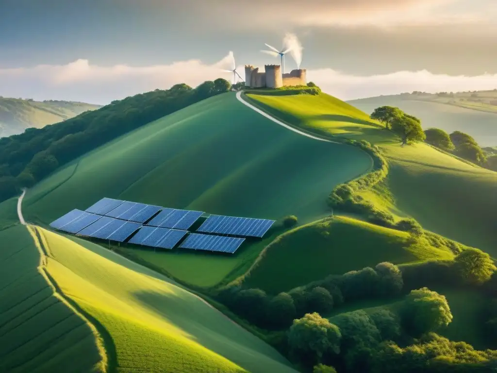 Fortaleza histórica con paneles solares: un legado sostenible Fortaleza histórica en colina verde con paneles solares integrados, símbolo de restauración sostenible energías renovables fortalezas