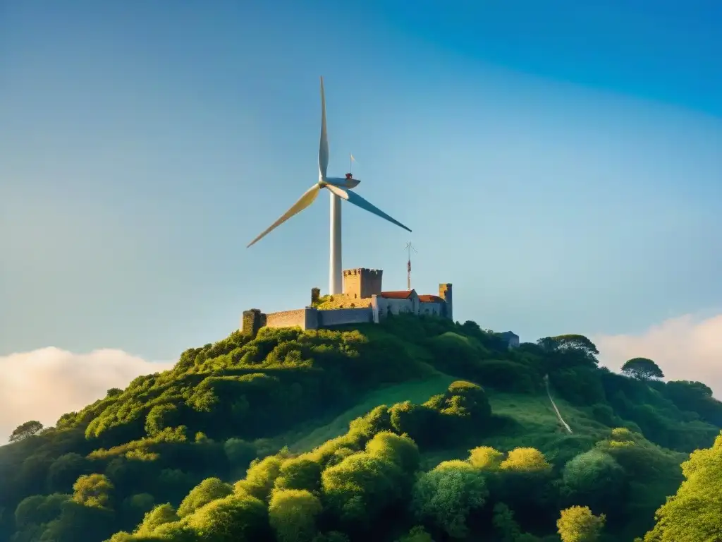 Fortaleza histórica y energía renovable: pasado y futuro en armonía Una fortaleza histórica se yergue majestuosa entre exuberante vegetación, con una turbina eólica girando