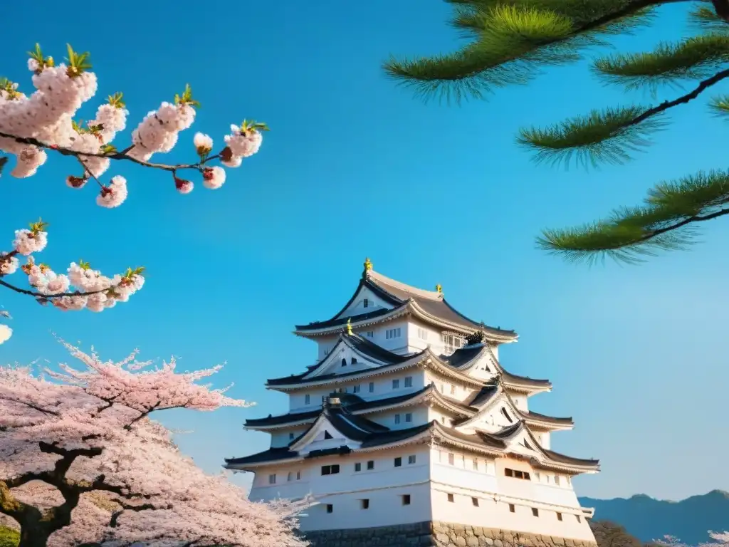 Himeji Castle: Belleza y tradición entre cerezos en flor Fortaleza japonesa en la historia: Castillo de Himeji rodeado de sakura en flor
