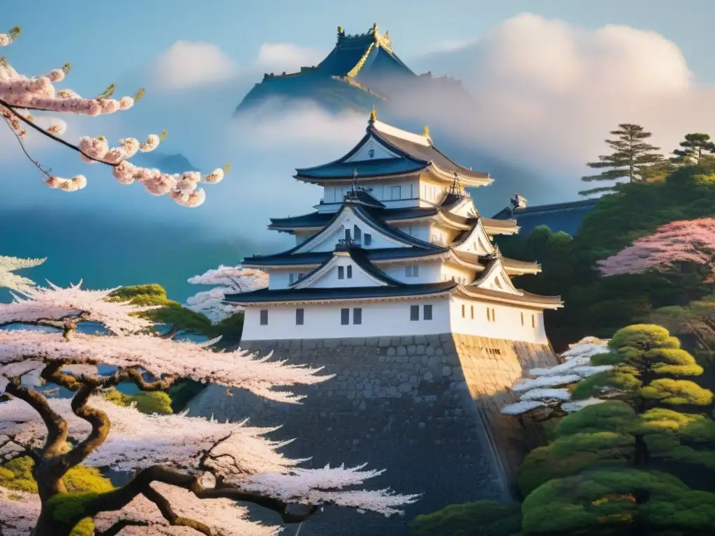 Himeji Castle al atardecer: majestuosa arquitectura y flores de cerezo Fortaleza japonesa en la historia: el majestuoso Castillo de Himeji al atardecer, entre cerezos en flor y luz dorada