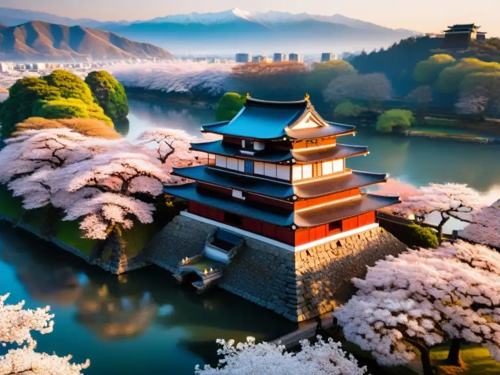 Castillo Matsumoto al atardecer: majestuosidad entre cerezos y Alpes Fortaleza japonesa en la historia: Castillo de Matsumoto al atardecer con cerezos en flor y Alpes nevados de fondo