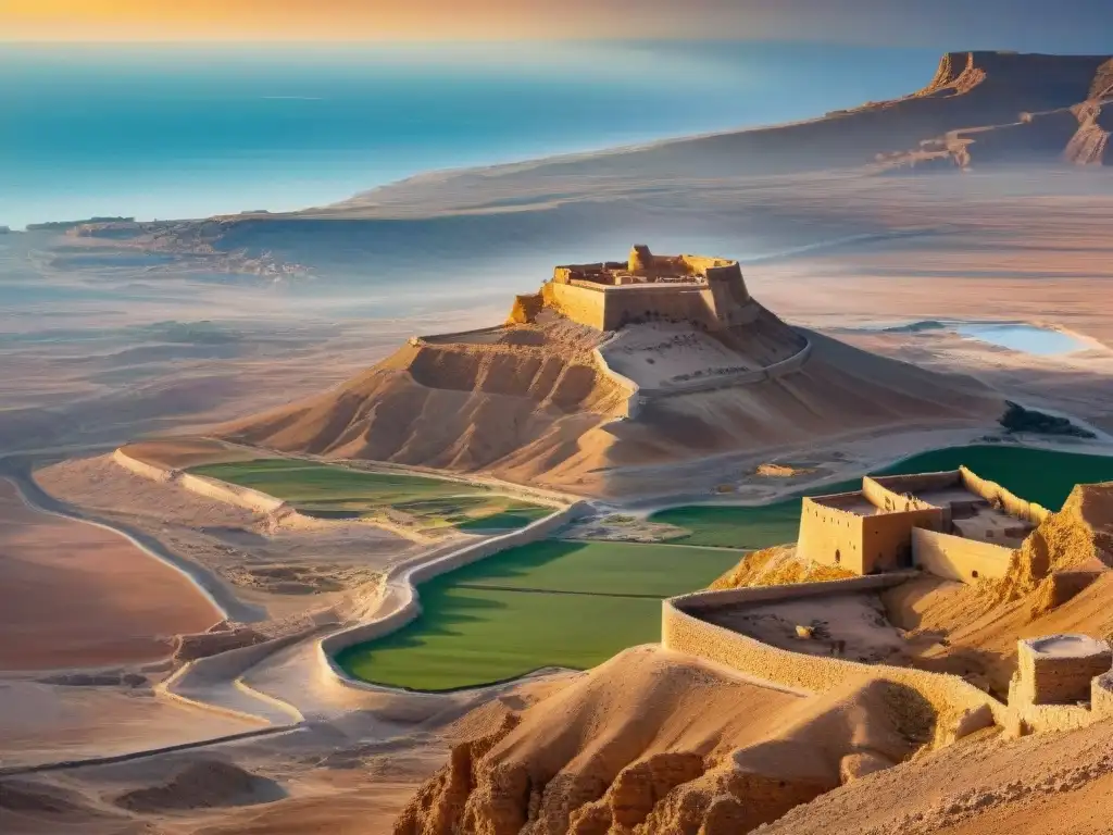 Fortaleza de Masada al atardecer: historia y misterio en el desierto Fortaleza misteriosa en Medio Oriente: Masada al atardecer sobre el Mar Muerto, ruinas antiguas bañadas por el sol