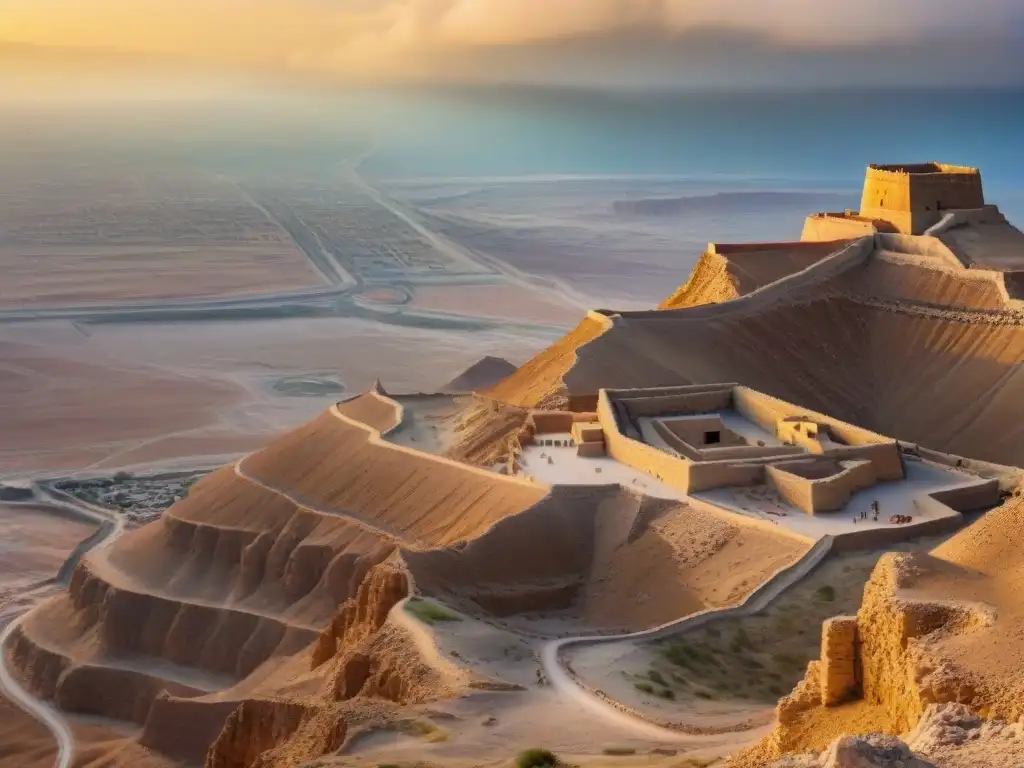 Fortaleza de Masada al atardecer: historia y arquitectura en detalle Fortaleza misteriosa en desierto: Masada al atardecer, revelando la grandeza de las Fortalezas del Medio Oriente