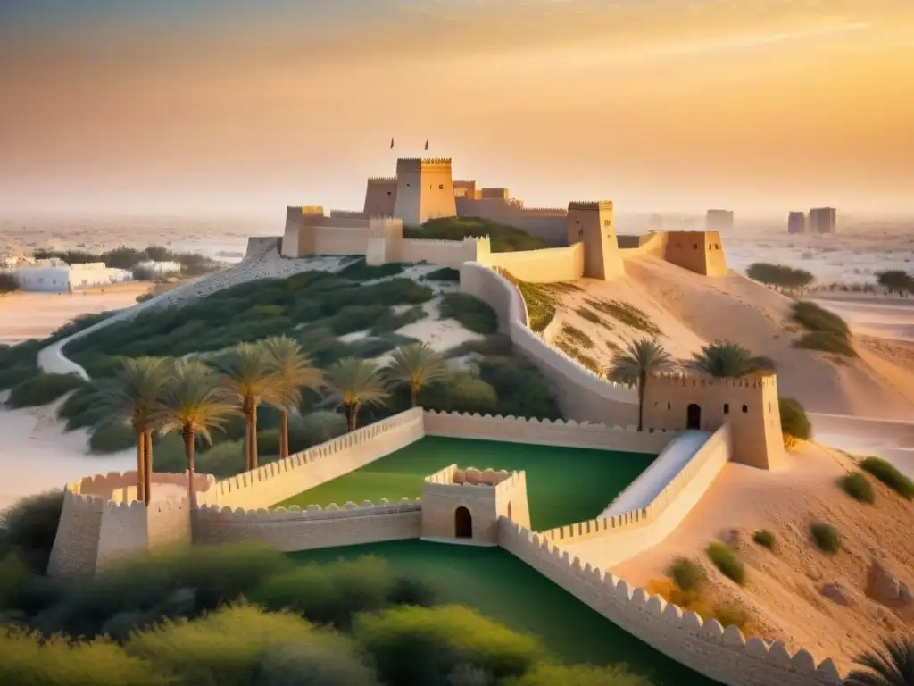 Fortaleza de Qal'at alBahrain: historia y misterio al atardecer Fortaleza misteriosa en Medio Oriente: Qal'at alBahrain bajo el resplandor dorado del atardecer, rodeada de desierto y palmeras