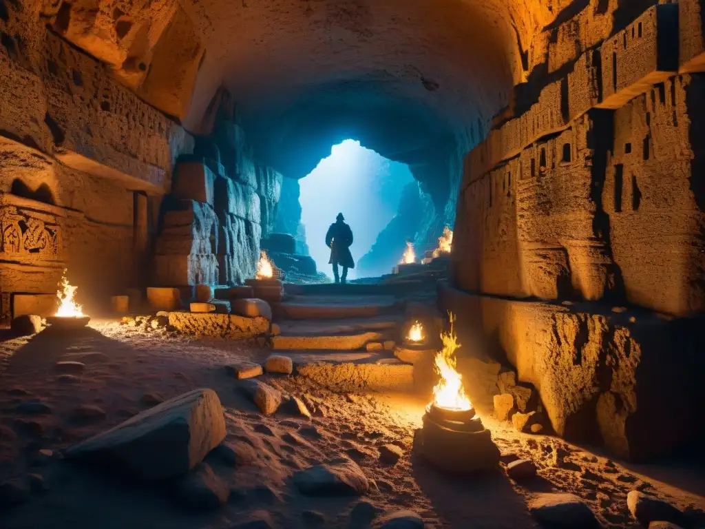 Fortaleza subterránea: misterios y símbolos antiguos Una fortaleza subterránea misteriosa llena de historia, con antorchas iluminando símbolos y criaturas míticas en las paredes rocosas