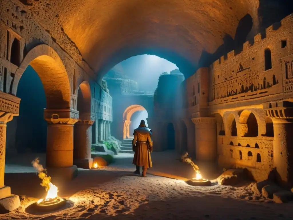Fortaleza subterránea misteriosa: descubre sus secretos ocultos Una fortaleza subterránea misteriosa llena de historia, con pasadizos intrincados, arcos imponentes y antorchas iluminando las paredes