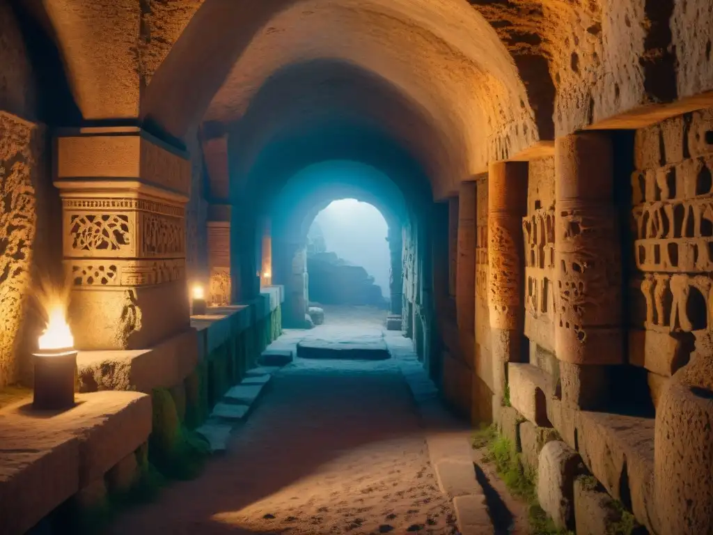 Misteriosa cámara subterránea: antiguos artefactos y sombras intrigantes Explora fortalezas subterráneas misteriosas historia con antiguos artefactos iluminados por antorchas en paredes de piedra