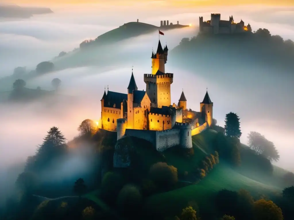 Castillo medieval envuelto en misteriosa niebla Fotos castillos climatología atmosférica: Castillo medieval envuelto en misteriosa niebla, con siluetas de torres apenas visibles