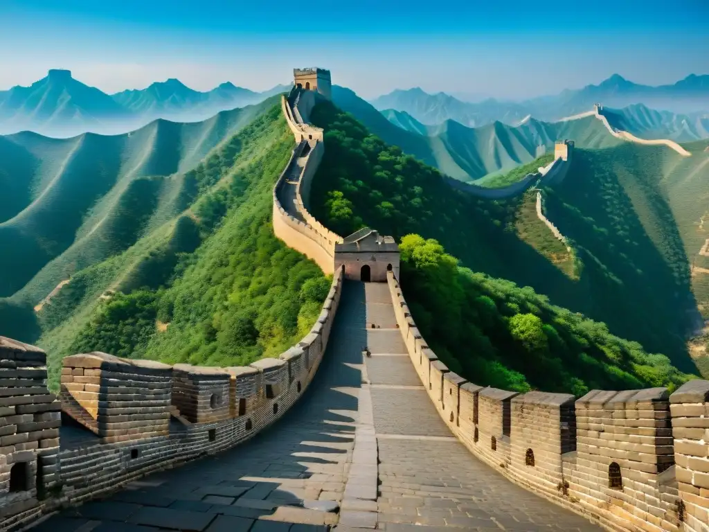 Gran Muralla China: legado eterno de la dinastía Ming La Gran Muralla de China serpentea por el paisaje, mostrando sus antiguas estructuras de piedra y torres de vigilancia bajo un cielo azul claro