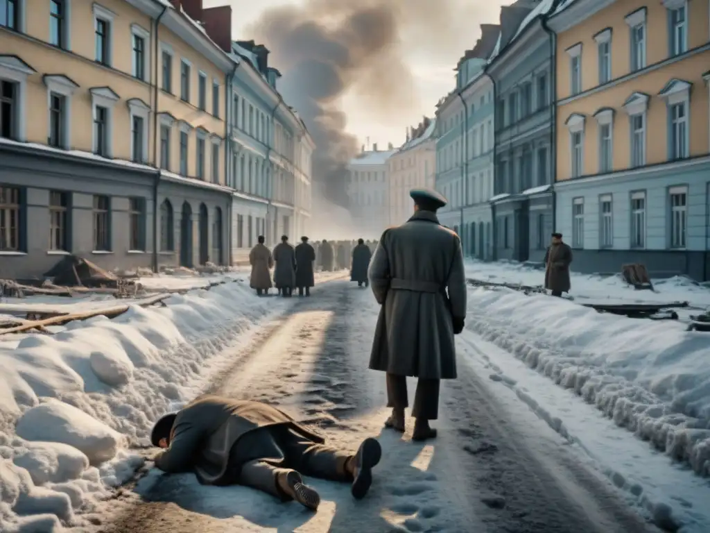 Retrato desgarrador: Civiles en asedio de Leningrado durante la guerra Un grupo de civiles exhaustos en una calle nevada de Leningrado durante el asedio, mostrando la devastación y la desesperanza