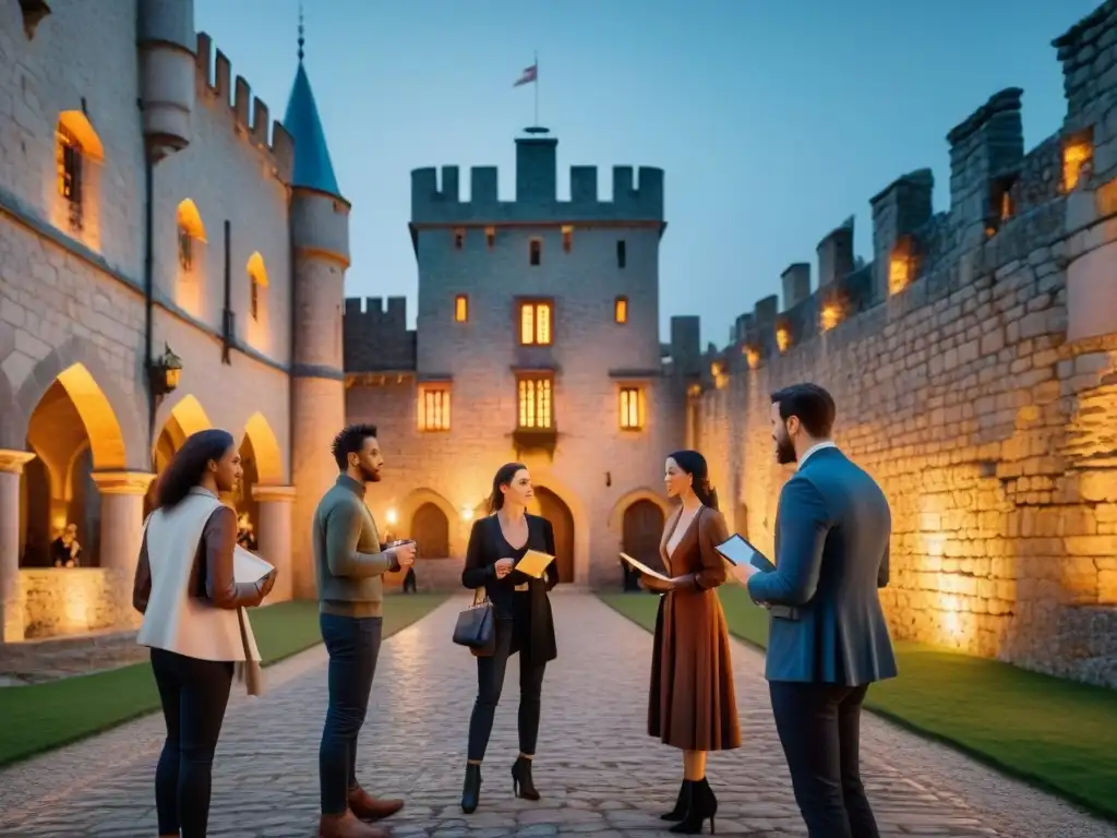 Conversación literaria en castillo histórico Grupo de escritores diversos en un castillo histórico, iluminados por faroles, discutiendo