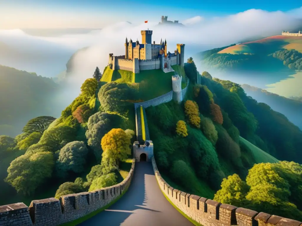 Grupo de especialistas en preservación de castillos examinan arquitectura antigua en colina verde, decisión gubernamental