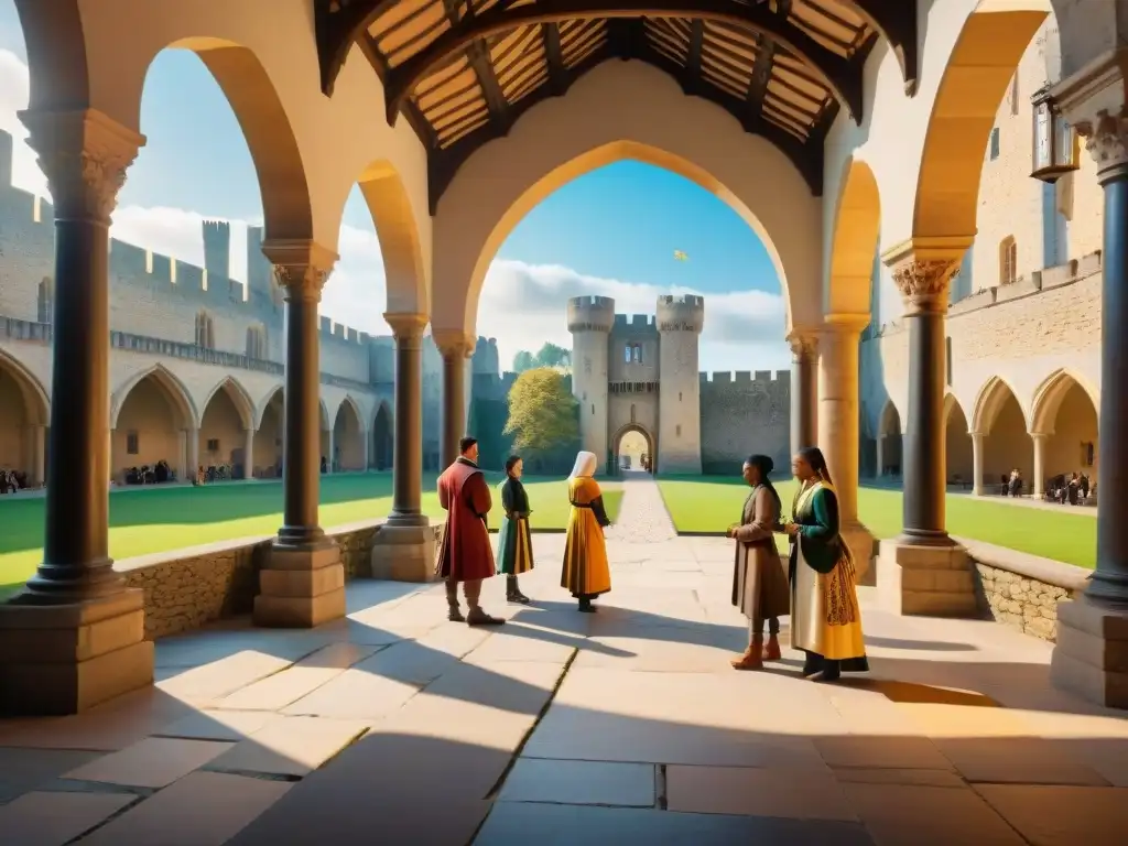 Un grupo de estudiantes diversos participa en actividades educativas en un castillo histórico