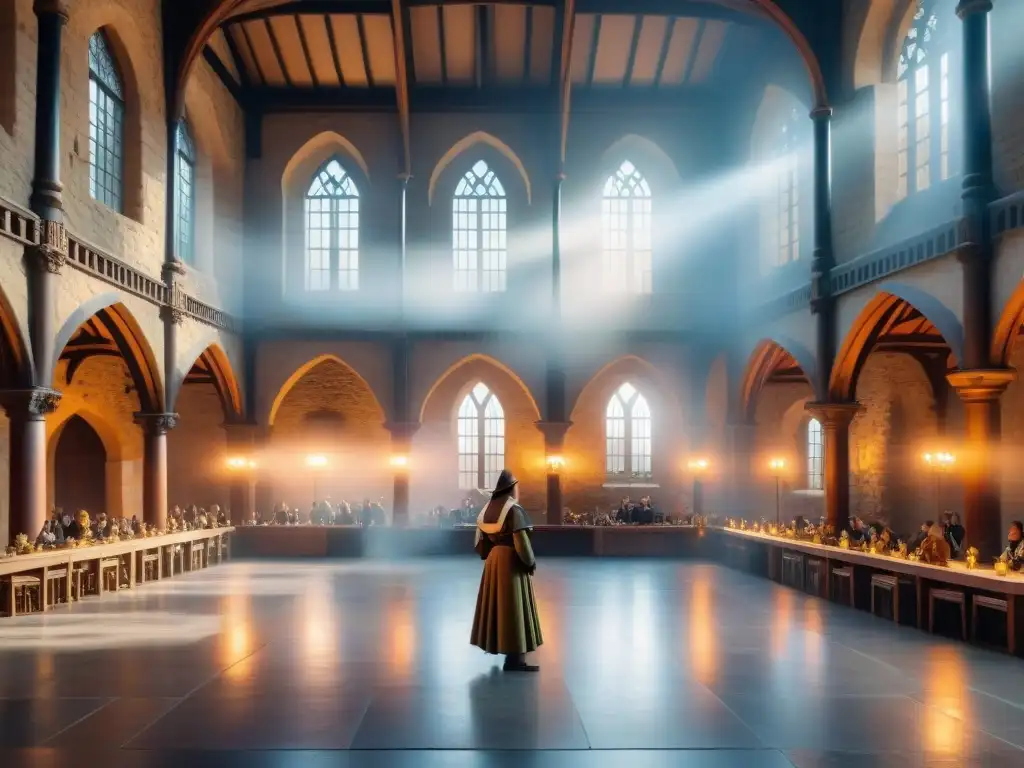 Un grupo de estudiantes en trajes medievales participan en actividades educativas en un patio de castillo histórico