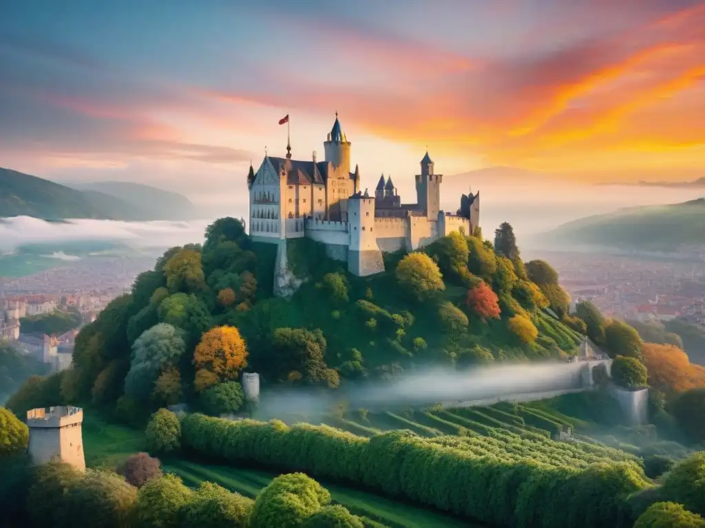 Grupo de expertos en preservación de castillos analizando documentos históricos, con el atardecer de fondo y decisiones gubernamentales en juego