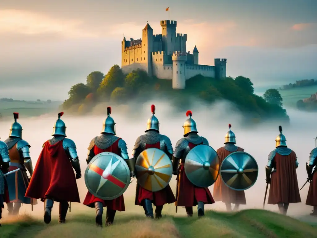 Batalla medieval frente a un castillo misterioso Un grupo de recreadores históricos en armaduras medievales libran una batalla frente a un castillo enigmático envuelto en la niebla