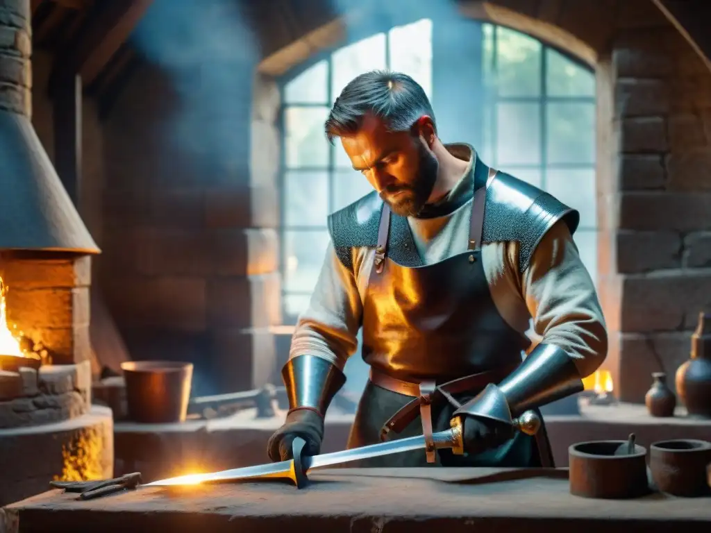 Forja épica de espada medieval por un hábil herrero en castillo Un hábil herrero forja armas de caballeros en un castillo medieval, rodeado de hornos ardientes y herramientas de metalurgia