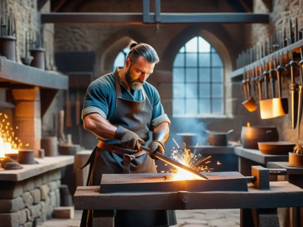 Artesano forjando espada en castillo medieval Un hábil herrero forja armas en un castillo medieval, rodeado de fraguas ardientes y armas intrincadas