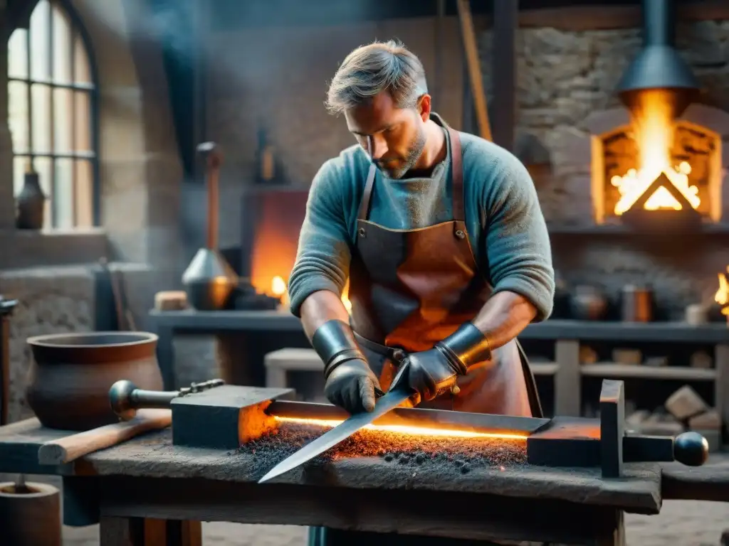 Artesano medieval forjando espadas en herrería Un hábil herrero forja una espada en su taller medieval, rodeado de brasas y herramientas
